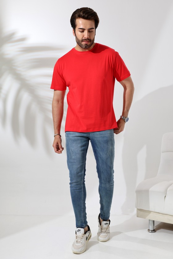 Erkek %100 Pamuklu Penye Kompakt Bisiklet Yaka Comfort Fit Basic T-Shirt 21751 KIRMIZI