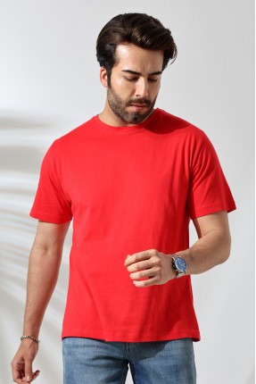 Erkek %100 Pamuklu Penye Kompakt Bisiklet Yaka Comfort Fit Basic T-Shirt 21751 KIRMIZI