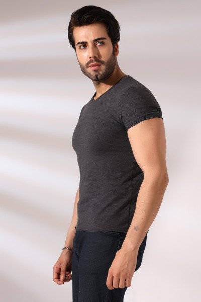 Pis Dikim V Yaka Penye Kompakt Likralı Basic Kısa Kol T-Shirt 19955 KOYU ANTRASİTMELANJ Pis Dikim V Yaka Penye Kompakt Likralı Basic Kısa Kol T-Shirt 19955 KOYU ANTRASİTMELANJ