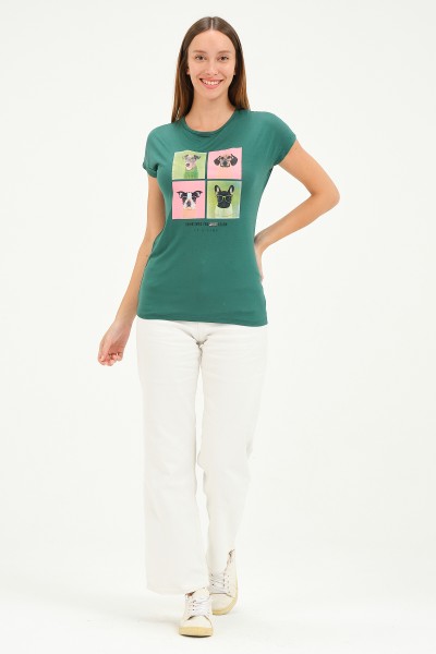 Bisiklet Yaka Kısa Kollu Normal Size Baskılı Basic Kadın T-Shirt 20601 KOYU YEŞİL