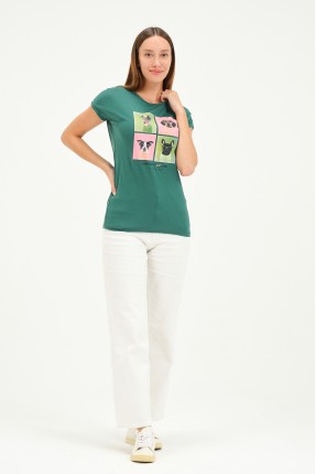 Bisiklet Yaka Kısa Kollu Normal Size Baskılı Basic Kadın T-Shirt 20601 KOYU YEŞİL