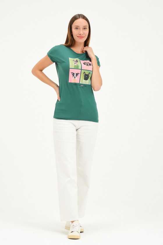 Bisiklet Yaka Kısa Kollu Normal Size Baskılı Basic Kadın T-Shirt 20601 KOYU YEŞİL