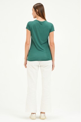 Bisiklet Yaka Kısa Kollu Normal Size Baskılı Basic Kadın T-Shirt 20601 KOYU YEŞİL