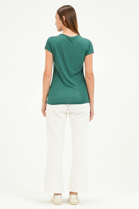 Bisiklet Yaka Kısa Kollu Normal Size Baskılı Basic Kadın T-Shirt 20601 KOYU YEŞİL