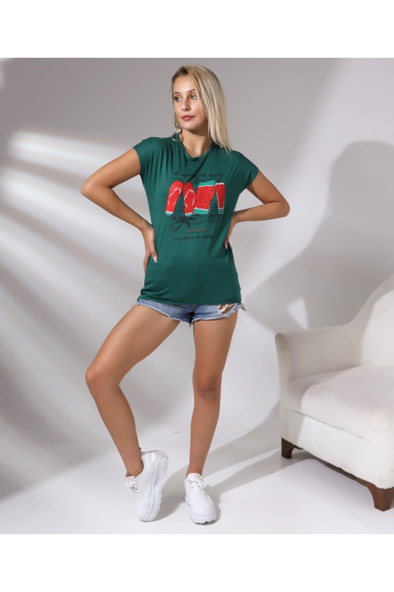 Bisiklet Yaka Kısa Kollu Normal Size Baskılı Basic Kadın T-Shirt 20479 KOYU YEŞİL