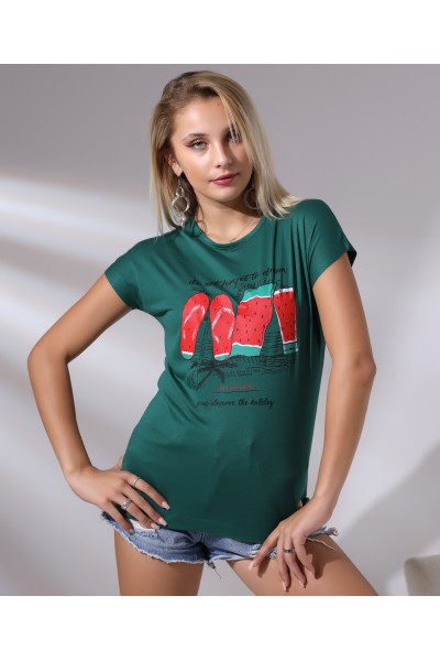 Bisiklet Yaka Kısa Kollu Normal Size Baskılı Basic Kadın T-Shirt 20479 KOYU YEŞİL