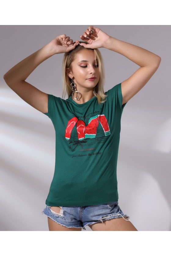 Bisiklet Yaka Kısa Kollu Normal Size Baskılı Basic Kadın T-Shirt 20479 KOYU YEŞİL