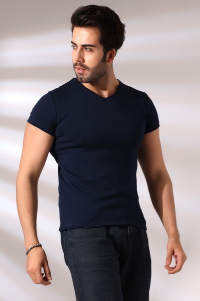 Pis Dikim V Yaka Penye Kompakt Likralı Basic Kısa Kol T-Shirt 19955 LACİVERT Pis Dikim V Yaka Penye Kompakt Likralı Basic Kısa Kol T-Shirt 19955 LACİVERT