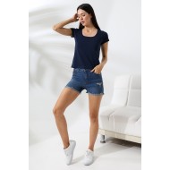 Kare Yaka Kısa Kol Penye Kompakt Likralı Esnek Basic T-Shirt 21069 LACİVERT