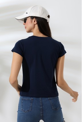 Kare Yaka Kısa Kol Penye Kompakt Likralı Esnek Basic T-Shirt 21069 LACİVERT