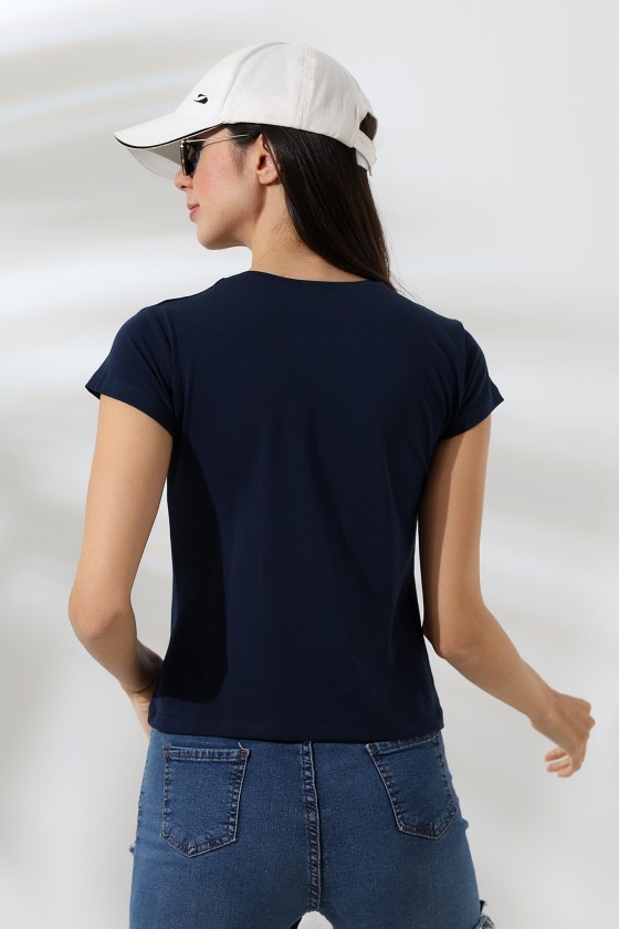 Kare Yaka Kısa Kol Penye Kompakt Likralı Esnek Basic T-Shirt 21069 LACİVERT