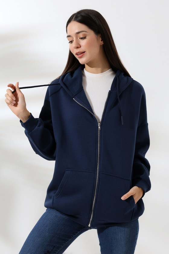 Şardonlu Fermuarlı Kapüşonlu Oversize Sweatshirt 21618 LACİVERT