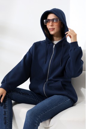 Şardonlu Fermuarlı Kapüşonlu Oversize Sweatshirt 21618 LACİVERT