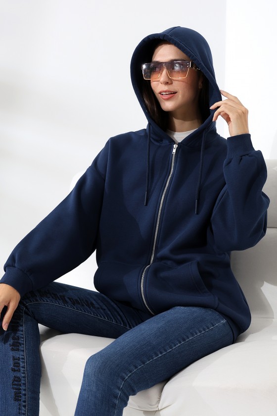 Şardonlu Fermuarlı Kapüşonlu Oversize Sweatshirt 21618 LACİVERT