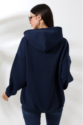 Şardonlu Fermuarlı Kapüşonlu Oversize Sweatshirt 21618 LACİVERT