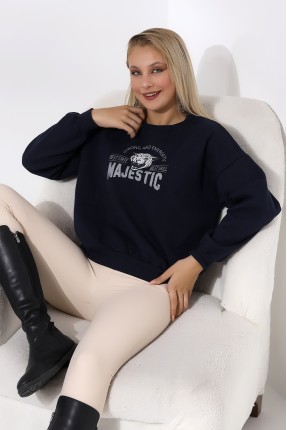 Baskılı Oversize Kalıp Şardonlu Sweatshirt 21501 LACİVERT