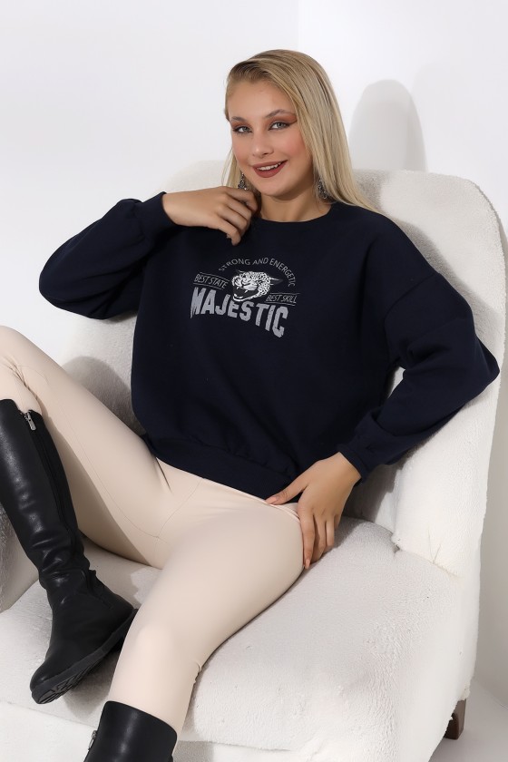 Baskılı Oversize Kalıp Şardonlu Sweatshirt 21501 LACİVERT