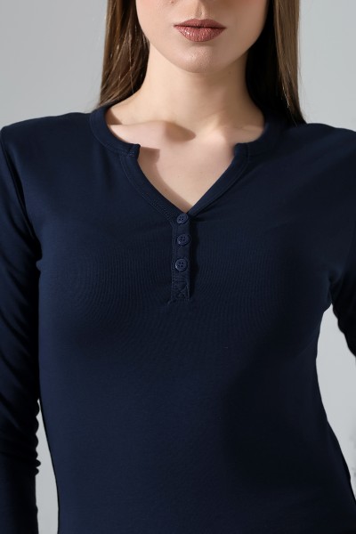 Düğmeli V Yaka Uzun Kollu Pamuklu Basic Kadın T-Shirt 21926 LACİVERT