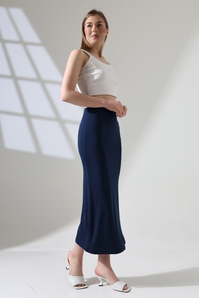 Belden Dar Kesim Diz Altı Tek Yırtmaçlı Uzun Kadın Etek 21921 LACİVERT