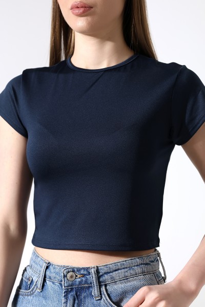 Soft Touch Bisiklet Yaka Kısa Kollu Crop Kesim Basic Düz Kadın T-Shirt 21974 LACİVERT