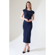 Düşük Kol Kapalı Bisiklet Yakalı Basic Kadın Uzun Günlük Elbise 21898 LACİVERT