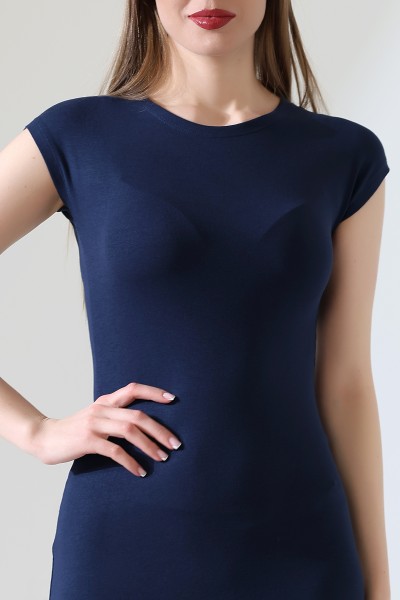 Düşük Kol Kapalı Bisiklet Yakalı Basic Kadın Uzun Günlük Elbise 21898 LACİVERT Düşük Kol Kapalı Bisiklet Yakalı Basic Kadın Uzun Günlük Elbise 21898 LACİVERT