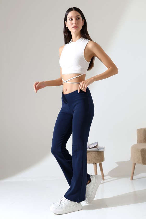 İspanyol Paça Jarse Kadın Eşofman Pantolon - Paçası Geniş Yoga Pantolonu 21943 LACİVERT
