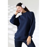 Yarım Balıkçı Yaka Oversize Geniş Kesim Pamuklu Yumuşak Dokulu Basic Kadın Tunik Sweatshirt 21910 LACİVERT