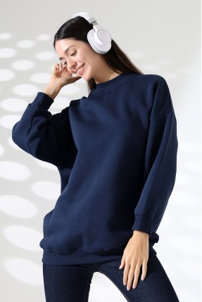 Yarım Balıkçı Yaka Şardonlu Salaş Basic Kadın Oversize Tunik Sweatshirt 21910 LACİVERT