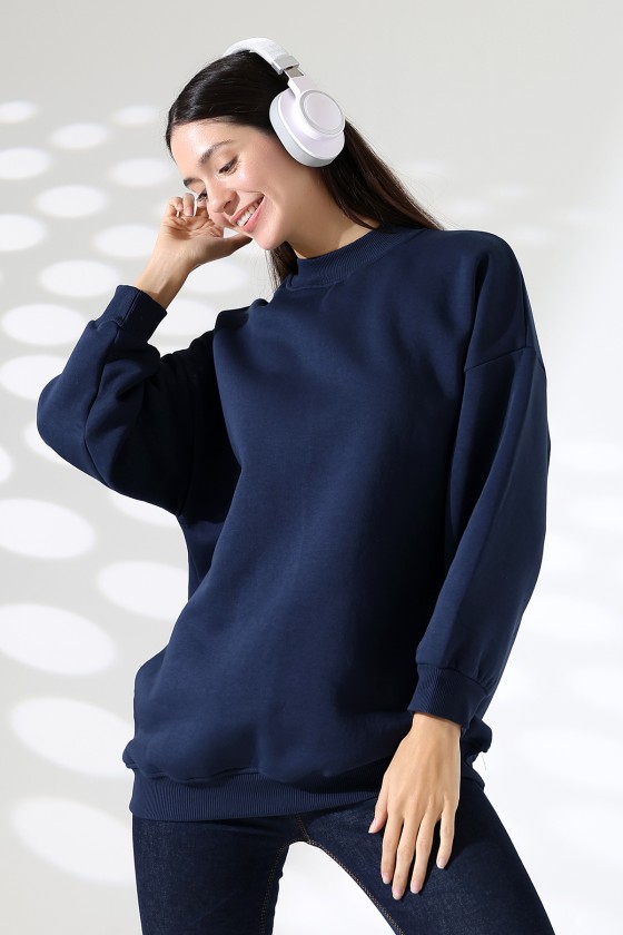 Yarım Balıkçı Yaka Şardonlu Salaş Basic Kadın Oversize Tunik Sweatshirt 21910 LACİVERT