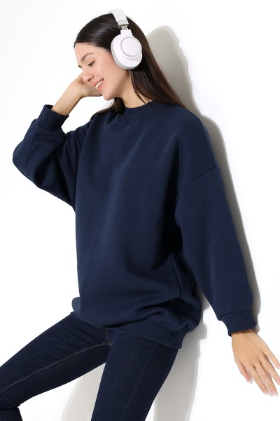 Yarım Balıkçı Yaka Oversize Geniş Kesim Pamuklu Yumuşak Dokulu Basic Kadın Tunik Sweatshirt 21910 LACİVERT