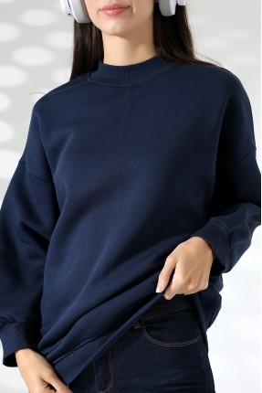 Yarım Balıkçı Yaka Şardonlu Salaş Basic Kadın Oversize Tunik Sweatshirt 21910 LACİVERT
