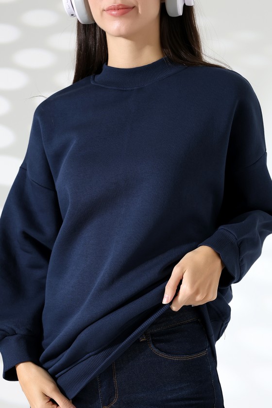 Yarım Balıkçı Yaka Şardonlu Salaş Basic Kadın Oversize Tunik Sweatshirt 21910 LACİVERT