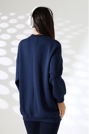 Yarım Balıkçı Yaka Şardonlu Salaş Basic Kadın Oversize Tunik Sweatshirt 21910 LACİVERT