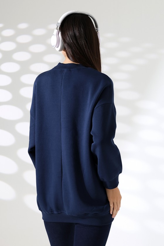Yarım Balıkçı Yaka Şardonlu Salaş Basic Kadın Oversize Tunik Sweatshirt 21910 LACİVERT