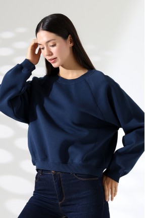 Geniş Bisiklet Yaka Şardonlu Karyokalı Geniş Reglan Kol Basic Kadın Sweatshirt 21973 LACİVERT