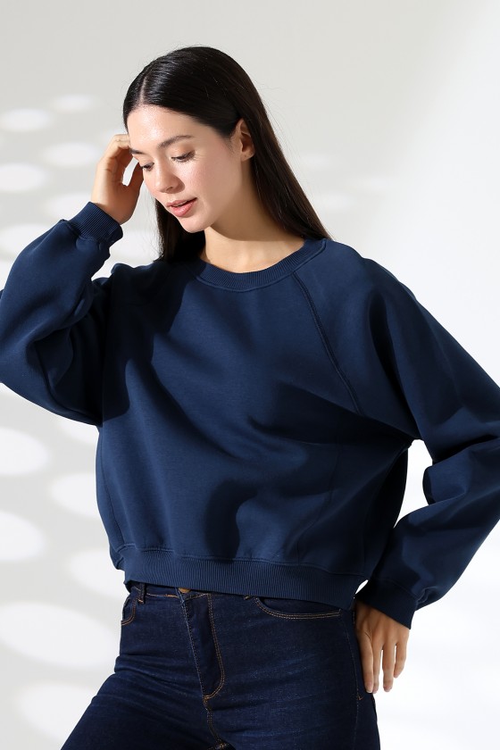 Geniş Bisiklet Yaka Şardonlu Karyokalı Geniş Reglan Kol Basic Kadın Sweatshirt 21973 LACİVERT