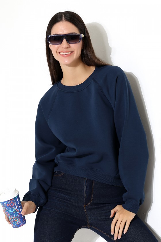 Geniş Bisiklet Yaka Şardonlu Karyokalı Geniş Reglan Kol Basic Kadın Sweatshirt 21973 LACİVERT