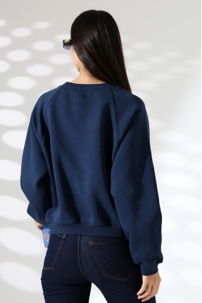 Geniş Bisiklet Yaka Şardonlu Karyokalı Geniş Reglan Kol Basic Kadın Sweatshirt 21973 LACİVERT