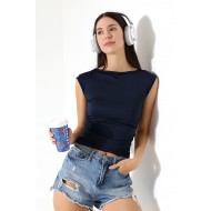 Kayık Yaka Japone Kol Büzgülü Basic Kolsuz Kadın T-Shirt 21895 LACİVERT