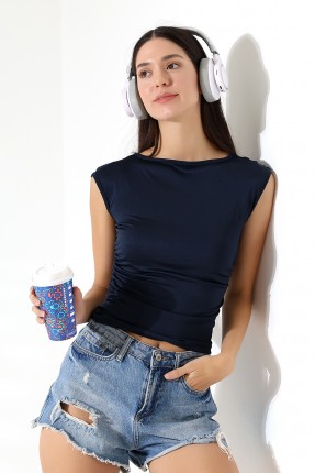 Kayık Yaka Japone Kol Büzgülü Basic Kolsuz Kadın T-Shirt 21895 LACİVERT