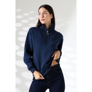 Relax Rahat Salaş Geniş Kesim Yarım Fermuarlı Dik Yaka Pamuklu Kadın Sweatshirt 21971 LACİVERT