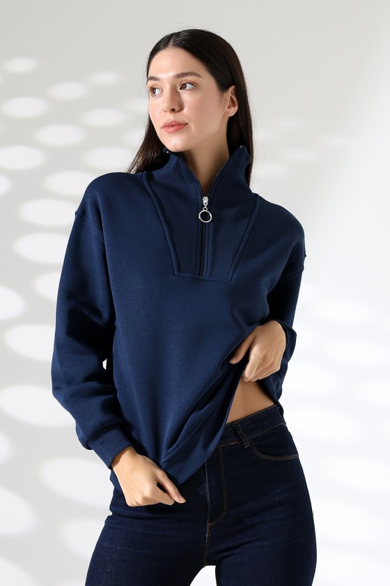 Fermuarlı Gömlek Yaka Oversize Geniş Salaş Basic Kadın Sweatshirt 21971 LACİVERT