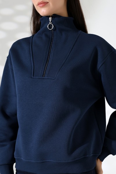 Relax Rahat Salaş Geniş Kesim Yarım Fermuarlı Dik Yaka Pamuklu Kadın Sweatshirt 21971 LACİVERT