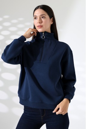 Fermuarlı Gömlek Yaka Oversize Geniş Salaş Basic Kadın Sweatshirt 21971 LACİVERT