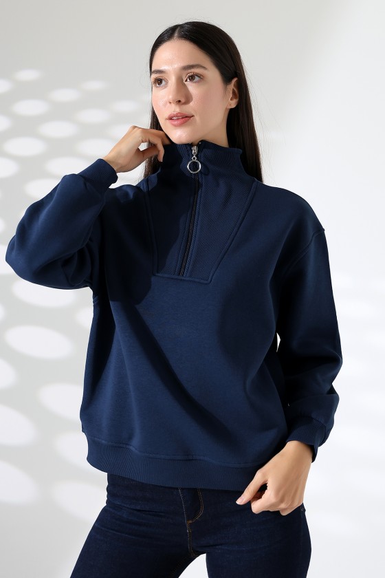 Fermuarlı Gömlek Yaka Oversize Geniş Salaş Basic Kadın Sweatshirt 21971 LACİVERT