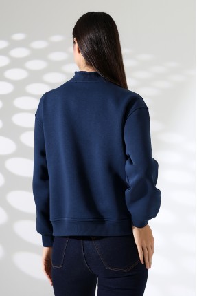 Fermuarlı Gömlek Yaka Oversize Geniş Salaş Basic Kadın Sweatshirt 21971 LACİVERT