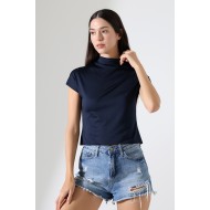 Yumuşak Dokulu Kendiliğinden Kollu Dik Yaka Basic Crop Kadın T-Shirt 22002 LACİVERT