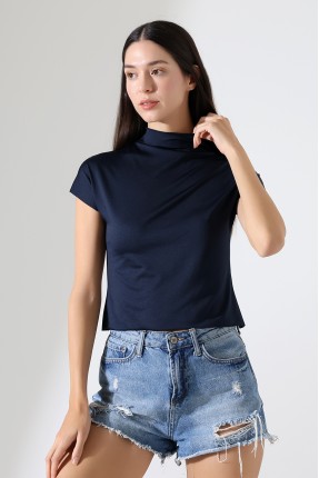 Yumuşak Dokulu Kendiliğinden Kollu Dik Yaka Basic Crop Kadın T-Shirt 22002 LACİVERT