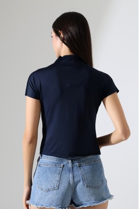 Yumuşak Dokulu Kendiliğinden Kollu Dik Yaka Basic Crop Kadın T-Shirt 22002 LACİVERT